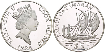 Острова Кука 5 долларов 1996 катамаран "TAINUI" KM 846 серебро  PROOF  1081-7-41