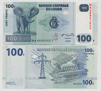 ДР Конго 100 франков 2007 слон, гидроэлектростанция "Инга II" Pick 98 a бумага UNC (пресс) 448-67-3