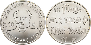 Финляндия 10 евро 2004 200 лет со дня рождения Йохана Людвига Рунеберга, поэт KM 115 серебро  UNC 11-114-14