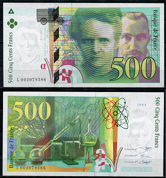 Франция 500 франков 1994 Мари и Пьер Кюри, лабораторная посуда Pick 160 a  бумага  UNC (пресс) 451-770-2