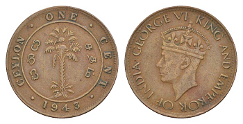 Цейлон 1 цент 1943 KM 111a бронза 4605-211