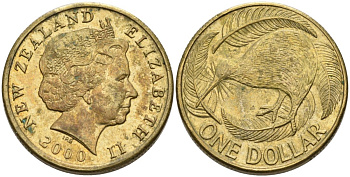 Новая Зеландия 1 доллар 2000 Елизавета II (1952-2022), птица киви  KM 120 алюминиевая бронза 29-811