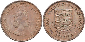 Джерси 1/12 шиллинга 1960 Елизавета II (1952-2022), 300 лет вступления на престол короля Карла II KM 24 бронза UNC 4367-1212