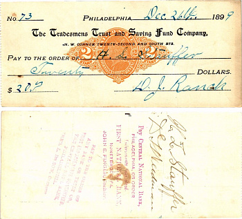 США чек на 20 долларов 1899 Филадельфия бумага 2196-47-1-1