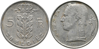 БЕЛЬГИЯ 5 ФРАНКОВ 1969 BELGIE KM 135.1 медно-никель 65-1142