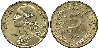 Франция 5 сантимов 1978 тип Marianne KM 933, Le Franc 125.14 медь алюминий никель 4124-334