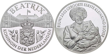 Нидерланды медаль ND королева Беатрикс, 8 июня 2002 года, рождение первого внука Элоиза, диаметр 38,5 мм., вес 22,12 гр.  серебро  PROOF  1078-6-63