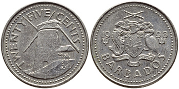 Барбадос 25 центов 1998 ветряная мельница Моргана Льюиса KM 13 медно-никель 4398-437