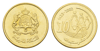 Марокко 10 сантимов 2002 AH 1423, год-тип Y 114 медь алюминий цинк олово UNC 4588-1227