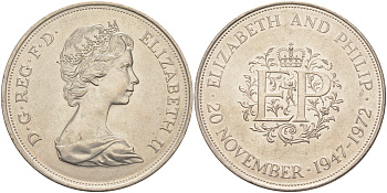 Великобритания 25 пенсов 1972 25 лет со дня свадьбы Елизавтеы II И Филлипа (1947-1972, серебрянная свадьба), Елизавета II (1952-2022) KM 917, Spink 4226 медно-никель 4552-522