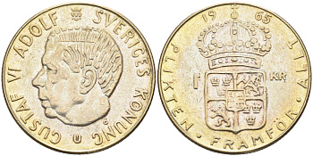 Швеция 1 крона 1965 U, Густав VI Адольф (1950-1973) KM 826 серебро 4177-146