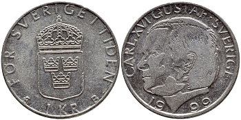 Швеция 1 крона 1999 Карл XVI Густав (1973- ) KM 852a медно-никель 89-413