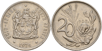 ЮАР 20 центов 1974 герб, цветок протея KM 86  никель    4601-856