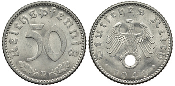 Германия 50 рейхспфеннигов 1943 D цена по каталогу МТ 80 евро J. 372, KM 96 алюминий UNC 413-4834