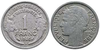 ФРАНЦИЯ 1 ФРАНК 1946 В KM 885а.2 алюминий 83-1933