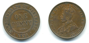 АВСТРАЛИЯ 1 ПЕННИ 1921 ГЕОРГ V KM 23 бронза 7-5-25-14