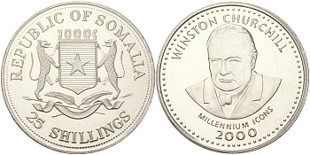 Сомали 25 шиллингов 2000 Иконы тысячелетия - Уинстон Черчилль KM 70 медно-никель BU 1529-735