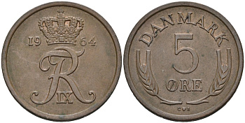 Дания 5 эре 1964 Фредерик IX (1947-1972) KM 848 бронза 4571-327