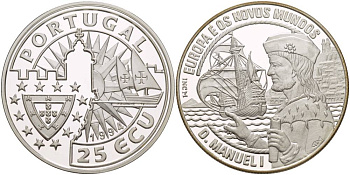 ПОРТУГАЛИЯ 25 ЭКЮ 1994 СЕРИЯ ЕВРОПА И НОВЫЙ СВЕТ, МАНУЭЛЬ I серебро PROOF 00-00