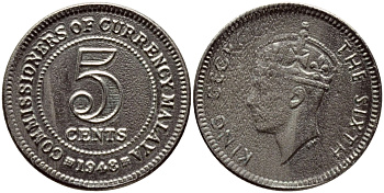 МАЛАЙЯ 5 ЦЕНТОВ 1948 ГЕОРГ VI KM 7 медно-никель 4392-1127