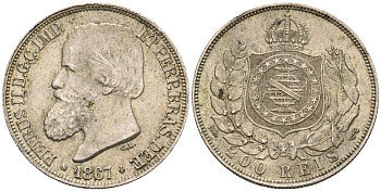 Бразилия 200 рейс 1867 Педро II (1831-1889) KM 471 серебро 188-1168