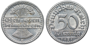 Германия 50 пфеннигов 1921 D KM 27, J. 301, Weege 10 алюминий 4121-1137