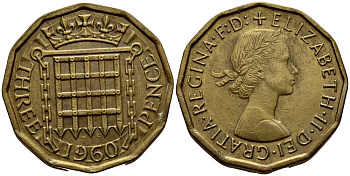 Великобритания 3 пенса 1960 Елизавета II (1952-2022) KM 900, Spink 4153 никель латунь 4393-1213
