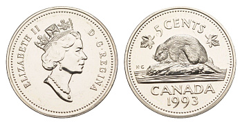 Канада 5 центов 1993 Елизавета II (1952-2022), бобр KM 182 медно-никель PROOF-LIKE (BU) 4639-521