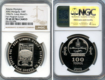 Монголия 100 тугриков 2002 XXVI летние Олимпийские игры в Атланте, в слабе NGC PF 68 ULTRA CAMEO KM 302 медно-никель  PROOF  15-024-03