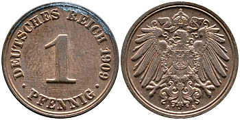 ГЕРМАНИЯ 1 ПФЕННИГ 1909 A KM 10, J. 10 медь 4387-312