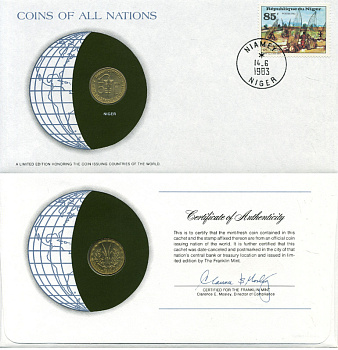 ВАЛЮТНЫЙ СОЮЗ СТРАН ЗАПАДНОЙ АФРИКИ, НИГЕР 5 ФРАНКОВ 1982 конверт с маркой первого дня гашения, Coins of Nations KM 2а алюминиевая бронза UNC 4294-57-3