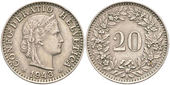 ШВЕЙЦАРИЯ 20 РАППЕНОВ 1943 В KM 29a медно-никель 55-713