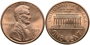 США 1 цент 1989 Линкольн KM 201b цинк плакированный медью 4549-311