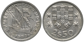 Португалия 2,5 эскудо 1983 парусник KM 590 медно-никель 4608-958