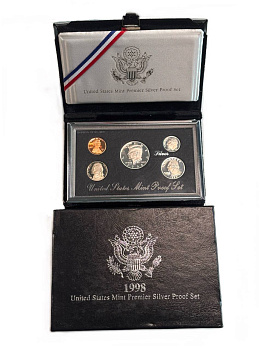 США официальный набор из 5 монет, в престижной упаковке 1998 S, Джон Кеннеди, в твердом пластике, Premier Silver Proof Set KM PS 195 серебро  PROOF  14-01-02-16