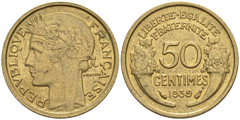 ФРАНЦИЯ 50 САНТИМОВ 1939 ТИП MORLON KM 894.1, LE FRANC 192.15 алюминиевая бронза 44-912