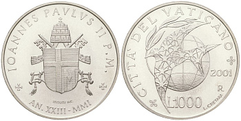 Ватикан 1000 лир 2001 Мир, Иоанн Павел II (1978-2005) KM 338 серебро UNC 1530-445