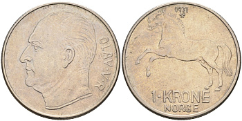 Норвегия 1 крона 1971 лошадь, Улаф V (1958-1991) KM 409 медно-никель 4561-213