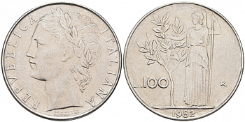 ИТАЛИЯ 100 ЛИР 1982 R АФИНА KM 96.1 сталь 186-216