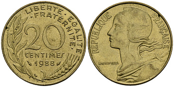 Франция 20 сантимов 1988 тип Marianne KM 930 медь алюминий никель 4135-633