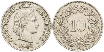 ШВЕЙЦАРИЯ 10 РАППЕНОВ 1946 В KM 27 медно-никель 216-1237