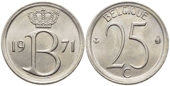 БЕЛЬГИЯ 25 САНТИМОВ 1971 BELGIQUE, БОДУЭН I (1951-1993) KM 153.1 медно-никель 116-956