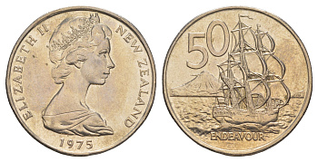 Новая Зеландия 50 центов 1975 Елизавета II (1952-2022), парусник Индевор KM 37 медно-никель UNC 84-1333