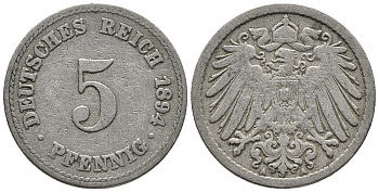 ГЕРМАНИЯ 5 ПФЕННИГОВ 1894 A KM 11, J. 12 медно-никель 39-669