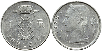 Бельгия 1 франк 1975 Belgie, Бодуэн I (1951-1993) KM 143.1 медно-никель 4381-555