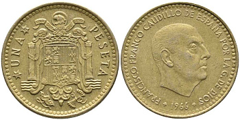 ИСПАНИЯ 1 ПЕСЕТА 1966 (72) ФРАНСИСКО ФРАНКО ДИКТАТОР ИСПАНИИ (1939-1975) KM 796 алюминиевая бронза 110-1234