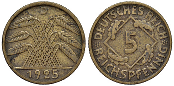 Германия 5 рейхспфеннигов 1925 D KM 39, J. 316 алюминиевая бронза 4124-257