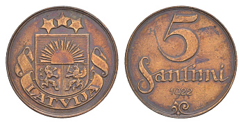 Латвия 5 сантимов 1922 KM 3 бронза 4658-1155