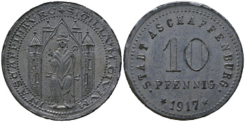 Ашаффенбург (Бавария) 10 пфенингов 1917 Funck 23.2A, Men05 792.4, Men18 1074.4 цинк 4525-1057
