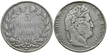 Франция 5 франков 1845 K, Луи Филипп I (1830-1848) KM 749.7 серебро 1066-6-31